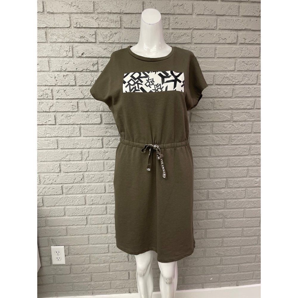 DKNY Olive Green Logo Drawstring Waistband T Shirt Dress Size S